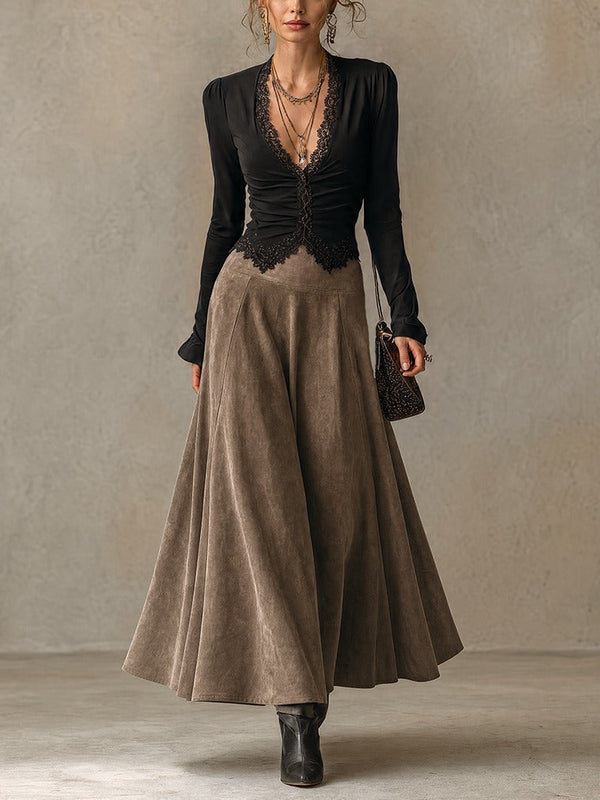 Albane | Ensemble avec top en dentelle et jupe maxi en suédine, noir et taupe