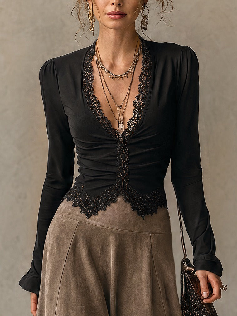 Albane | Ensemble avec top en dentelle et jupe maxi en suédine, noir et taupe