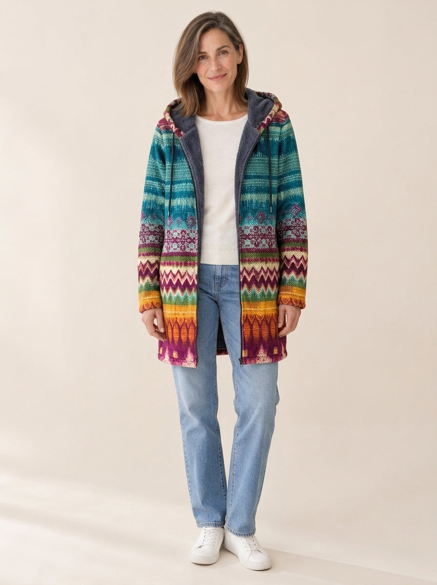 Jeanne | Veste à capuche doublée Jacquard bohème turquoise