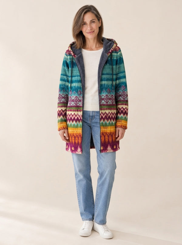 Jeanne | Veste à capuche doublée Jacquard bohème turquoise