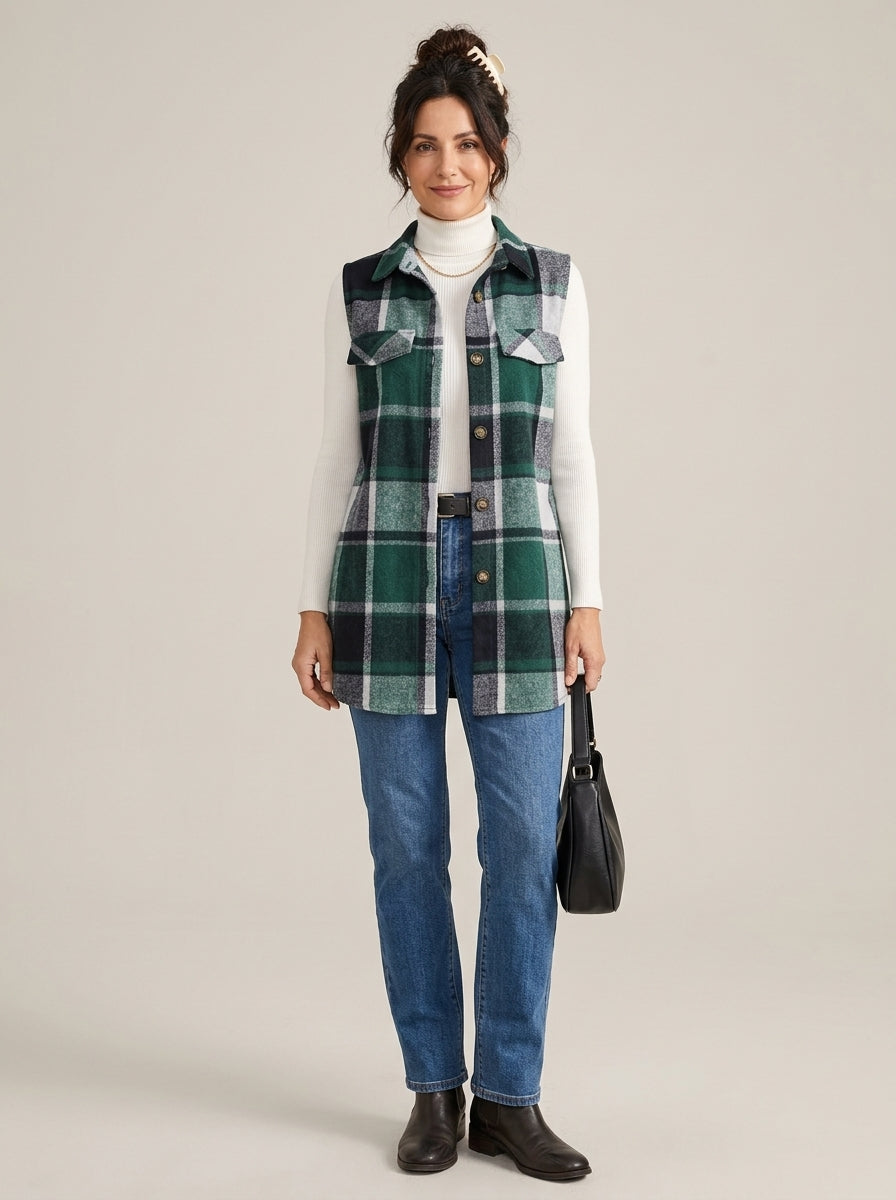 Gilet long à carreaux sans manches – coupe chemise