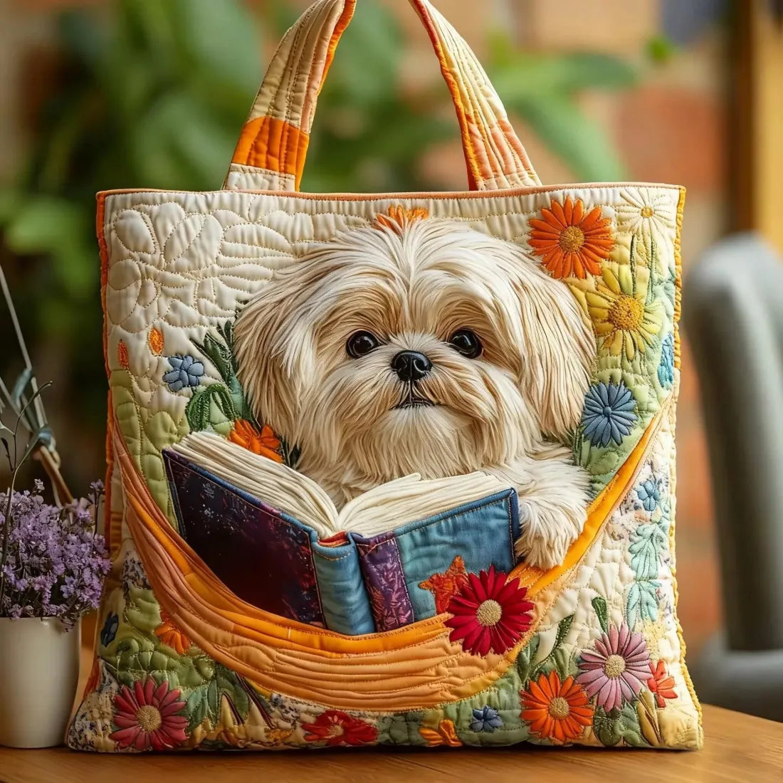 Philomène | Sac artisanal Shih Tzu avec livres et fleurs