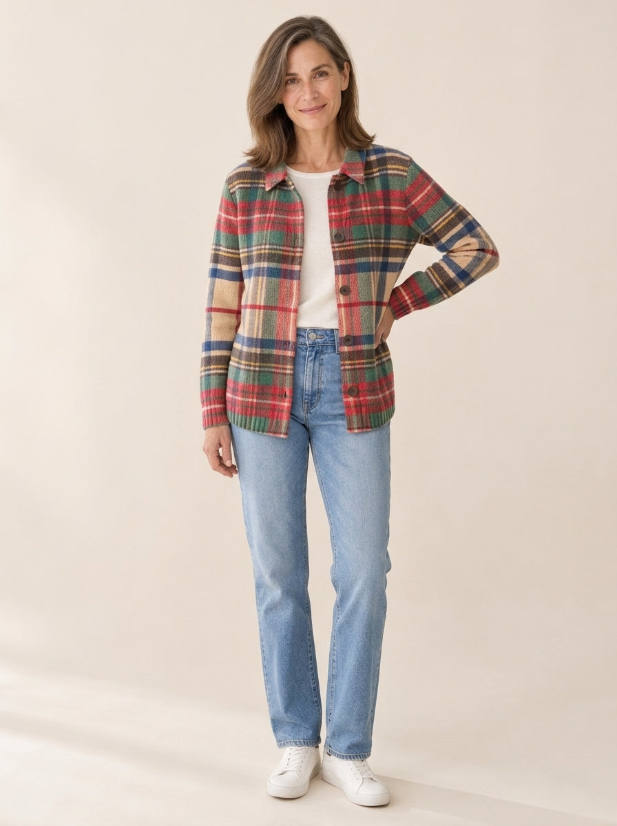 Gloria | Cardigan boutonné à carreaux multicolores