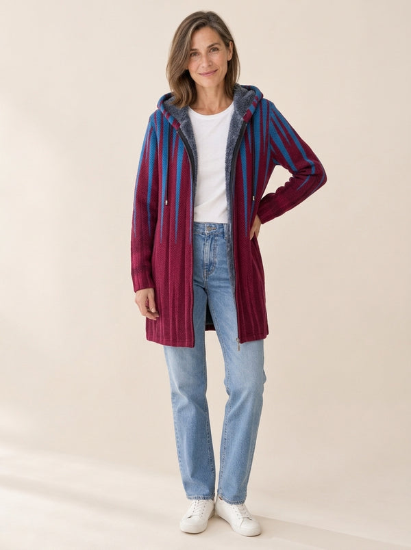 Éléonore | Veste à capuche doublée Rayures bordeaux