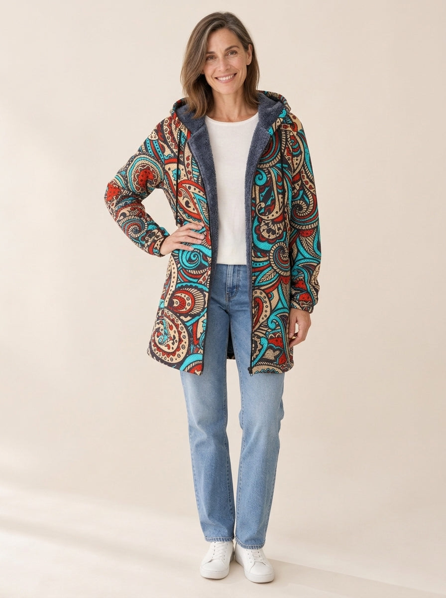 Élisa | Veste à capuche doublée Paisley turquoise