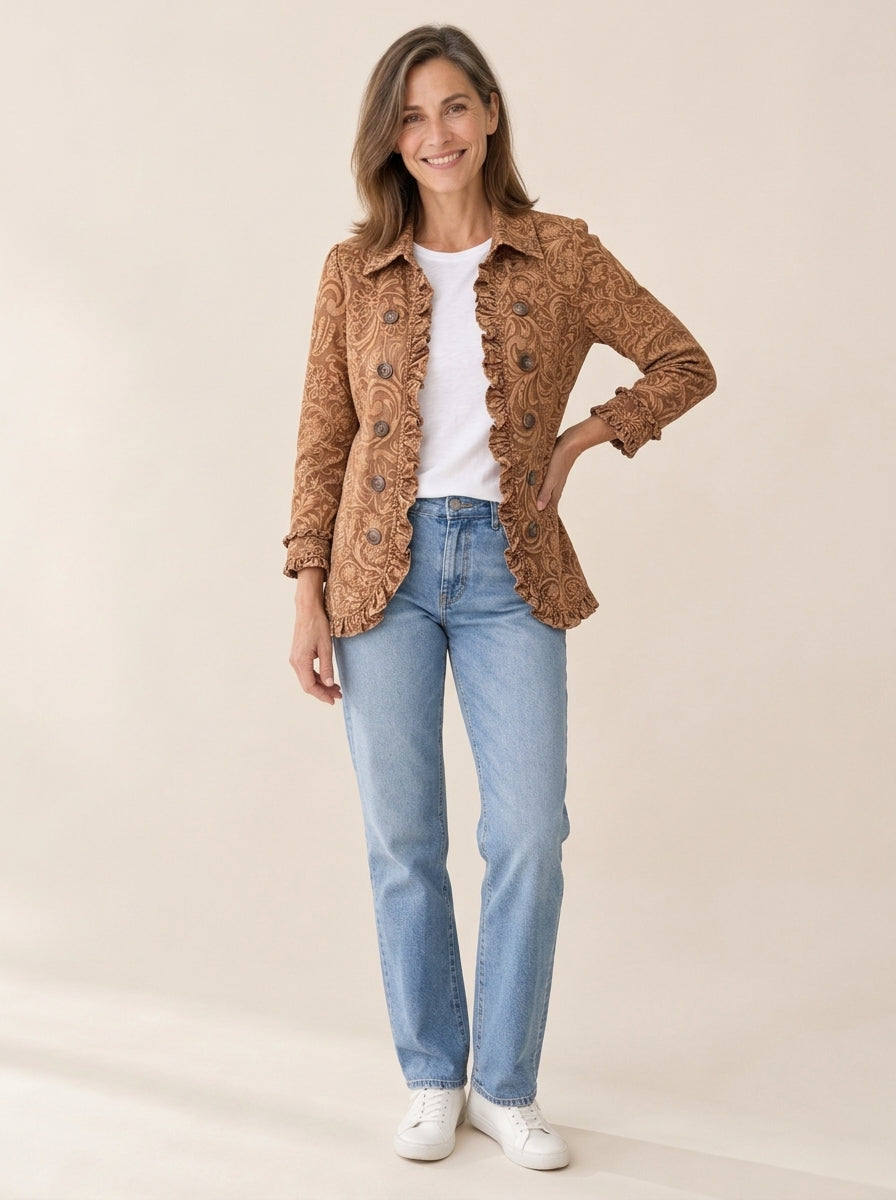 Vyclara | Veste bohème vintage à imprimé floral et volants