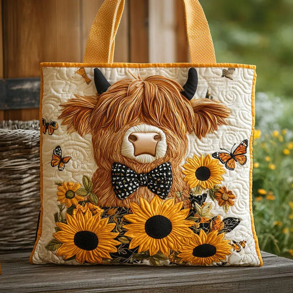 Esmée | Sac matelassé Vache Highland avec tournesols