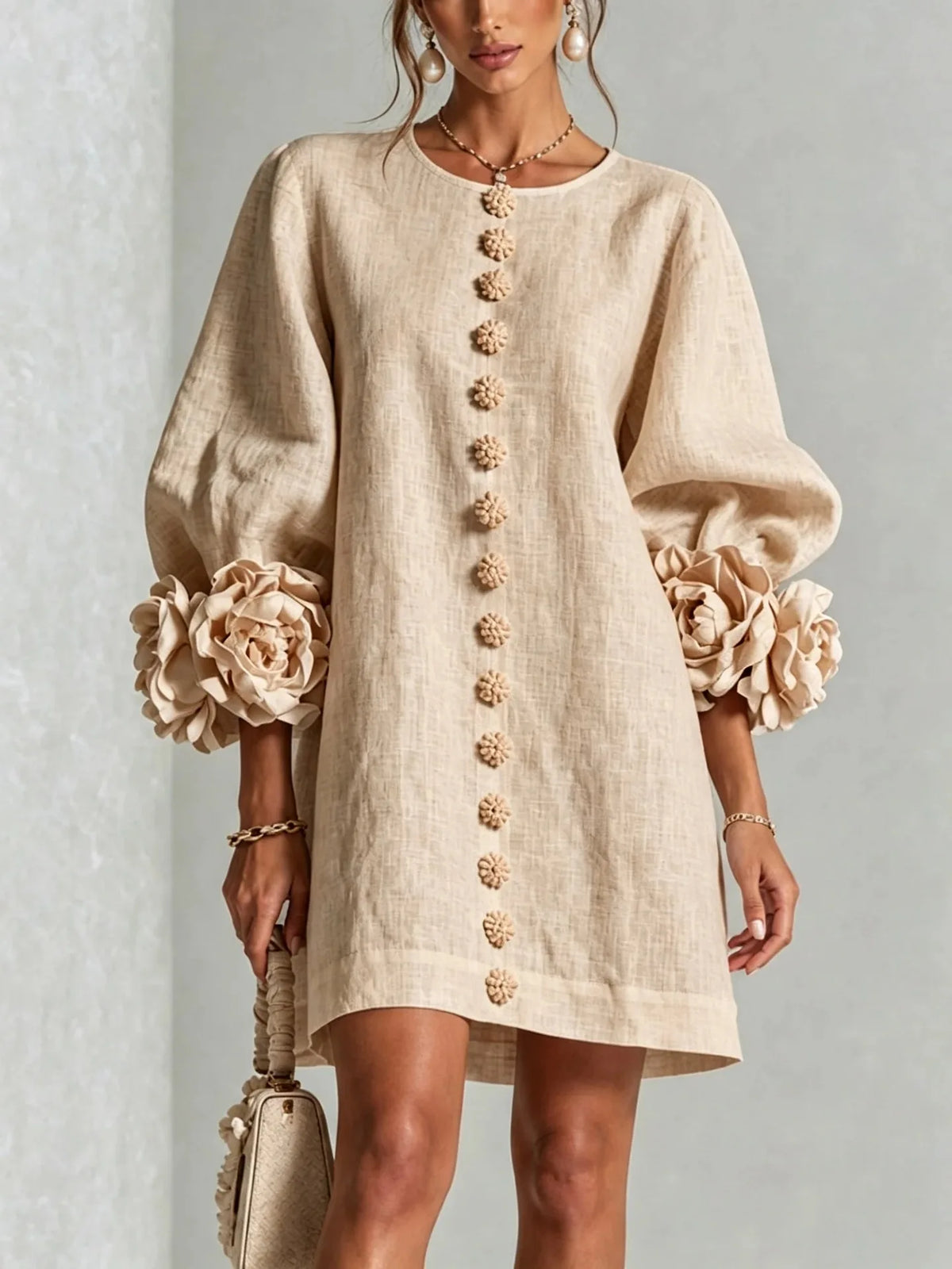 Flavie | Robe Courte à Fleurs 3D Manches Bouffantes