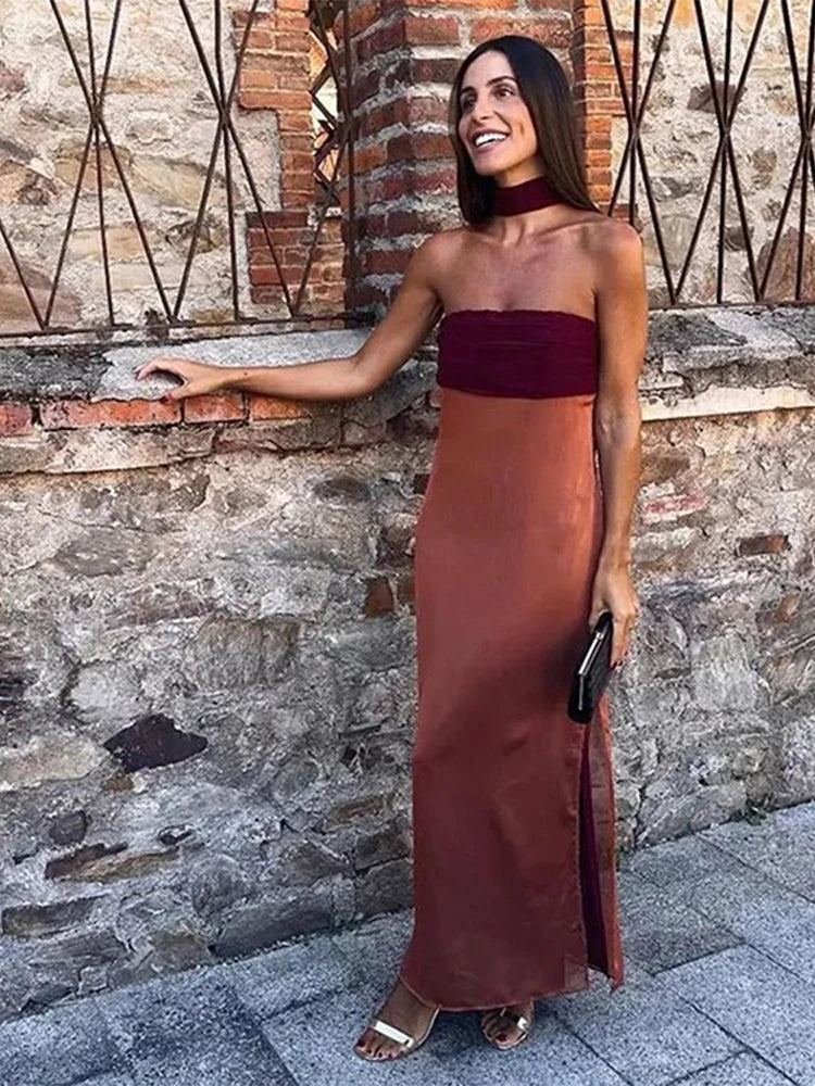 Fleur | Robe Longue Bicolore Fendue Bustier Torsadé