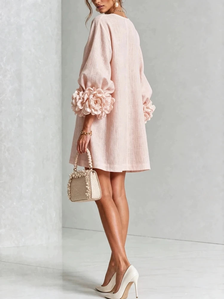 Flavie | Robe Courte à Fleurs 3D Manches Bouffantes
