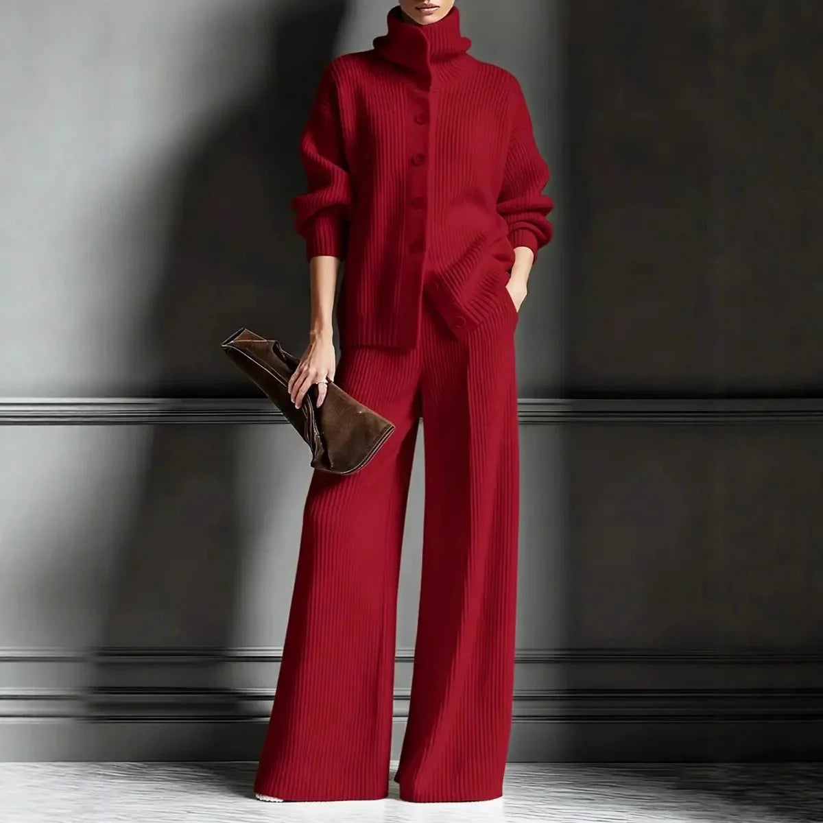 Ensemble 2 pièces en maille : pull col roulé + pantalon