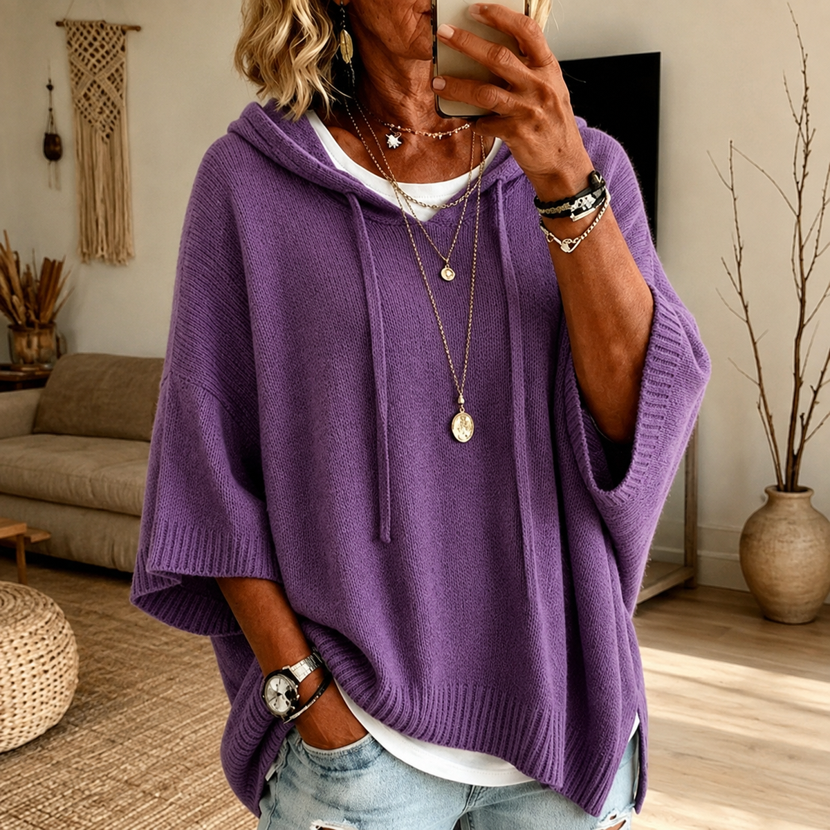 Élodie | Pull poncho à capuche – Violet