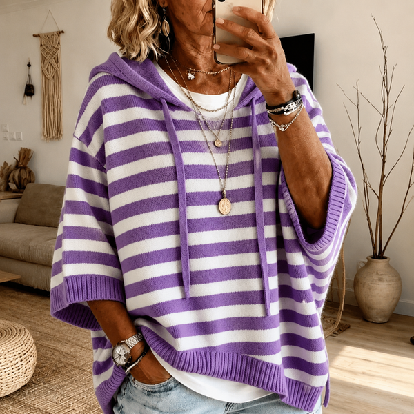 Anaïs | Pull poncho à capuche rayé – Violet
