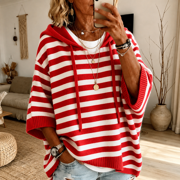 Charlotte | Pull poncho à capuche rayé – Rouge