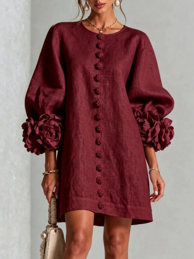 Flavie | Robe Courte à Fleurs 3D Manches Bouffantes