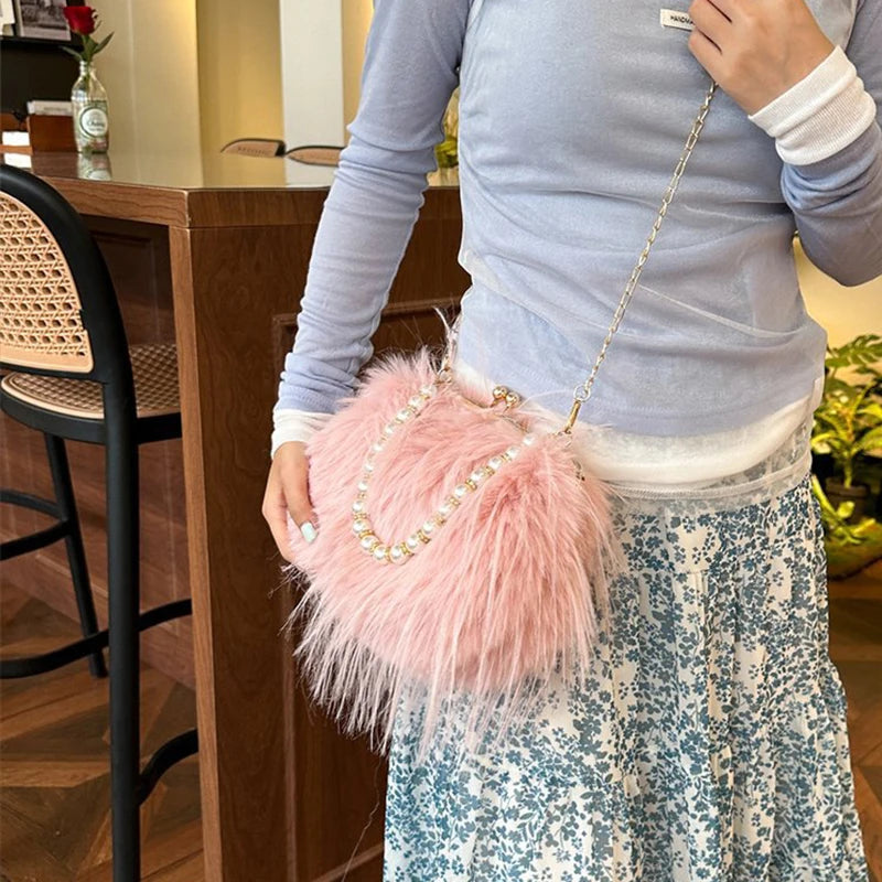 Lilou | Sac Crossbody Fausse Fourrure Poignée Perlée