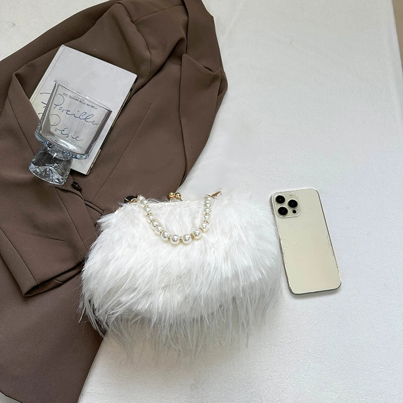 Lilou | Sac Crossbody Fausse Fourrure Poignée Perlée