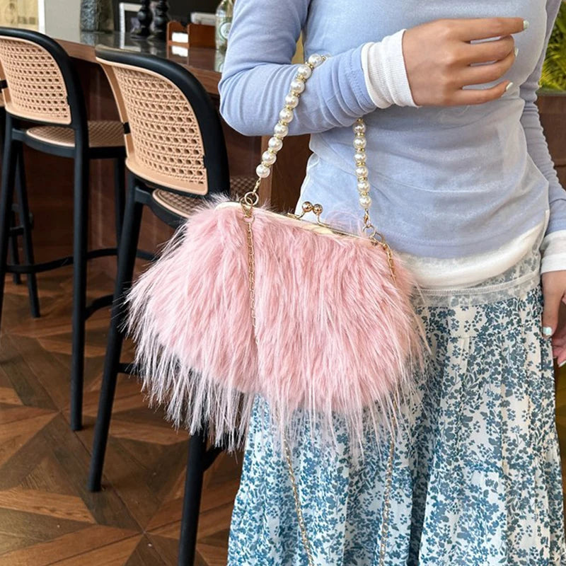 Lilou | Sac Crossbody Fausse Fourrure Poignée Perlée