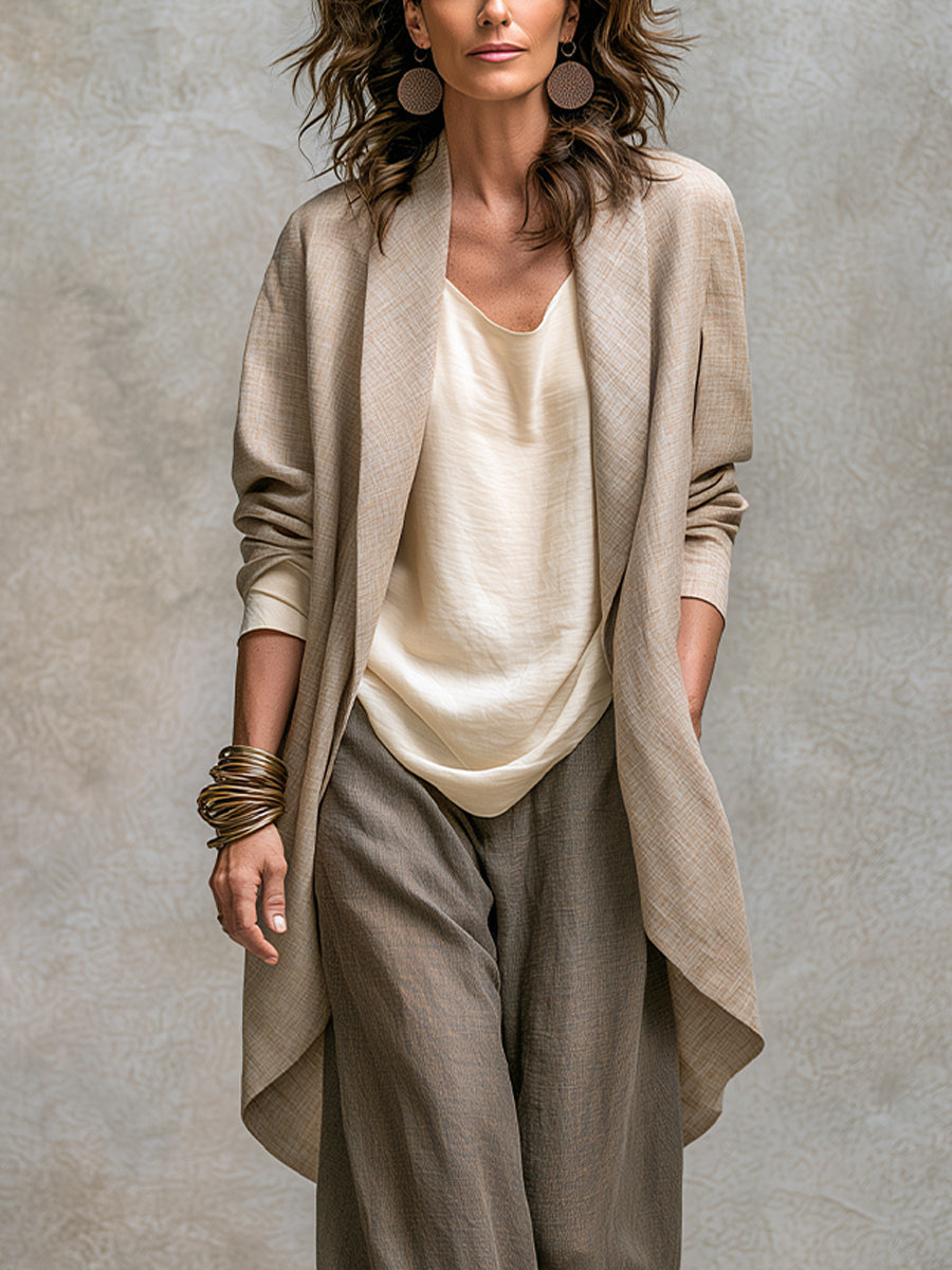 Constance | Ensemble trois pièces beige et gris, décontracté et élégant, avec superpositions et pantalon palazzo