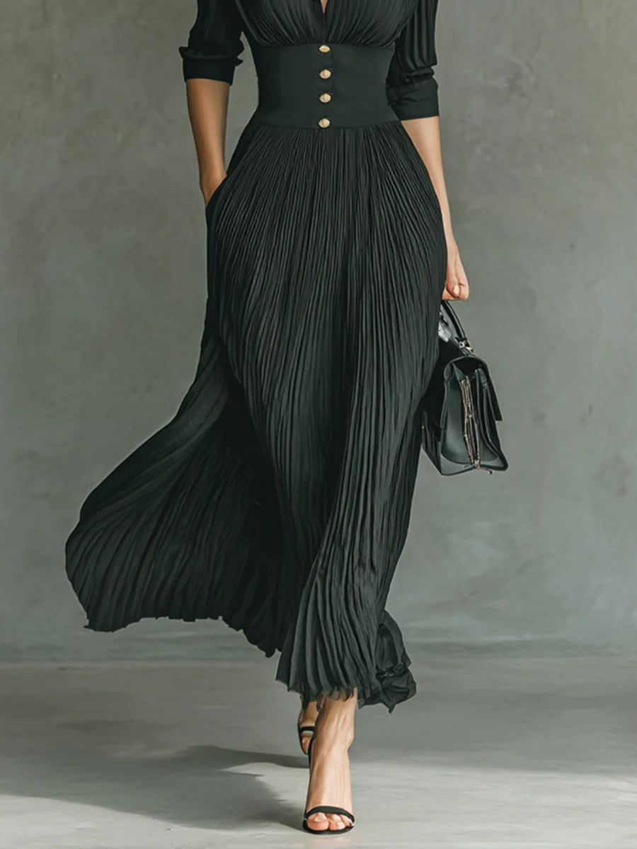 Elvire | Robe longue plissée à revers et taille haute