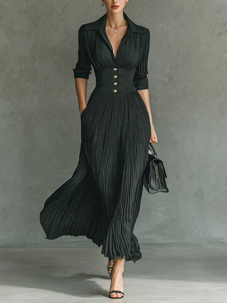 Elvire | Robe longue plissée à revers et taille haute