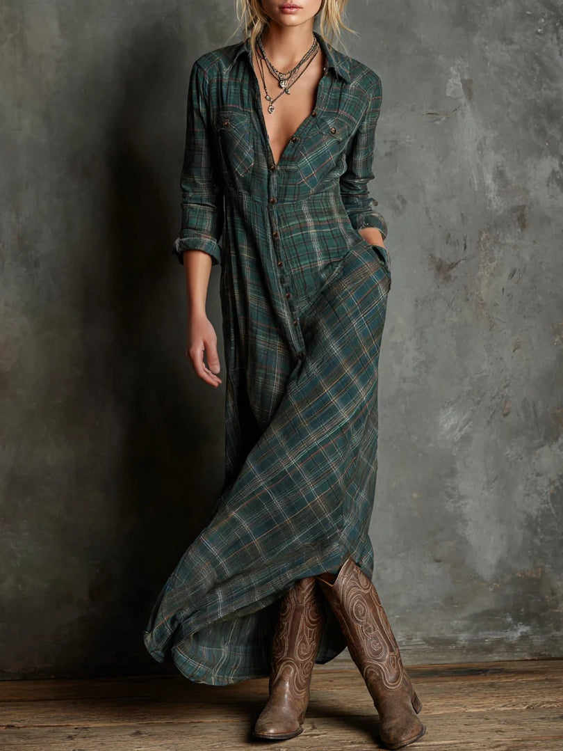 Valentine | Robe-chemise longue à col et à carreaux verts