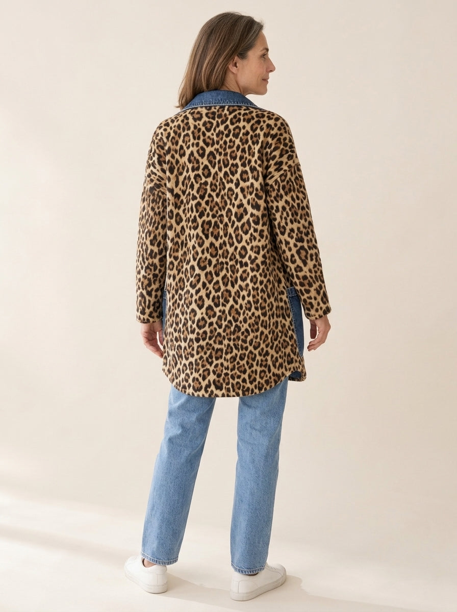 Fablenne | Veste longue en denim et imprimé léopard