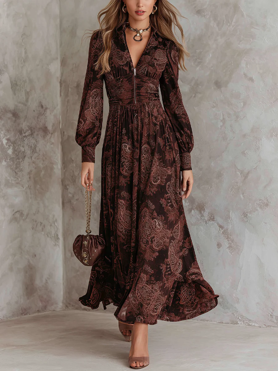 Oriane | Robe longue taille haute zippée à imprimé cachemire marron
