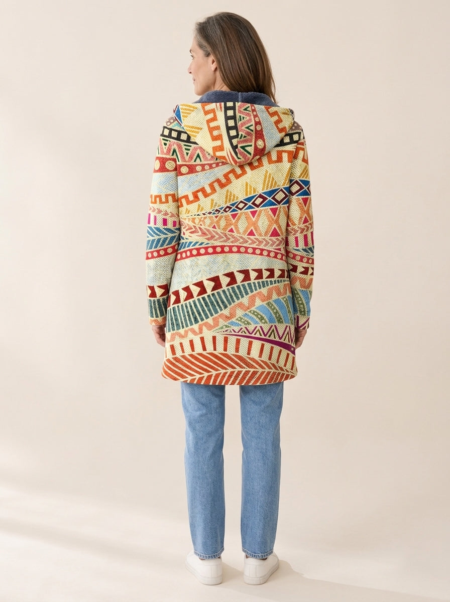 Iris | Veste à capuche doublée Motif tribal crème