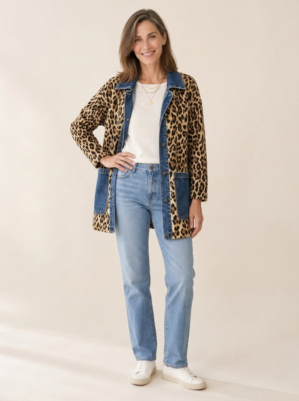 Fablenne | Veste longue en denim et imprimé léopard