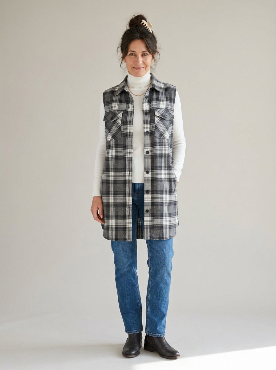 Gilet long à carreaux sans manches – coupe chemise