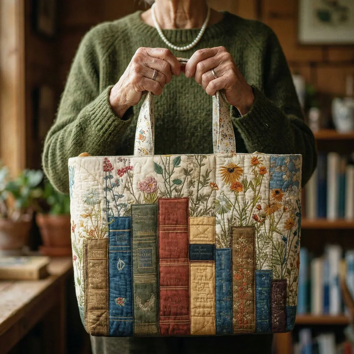 Jacqueline | Sac matelassé artisanal Livres et fleurs