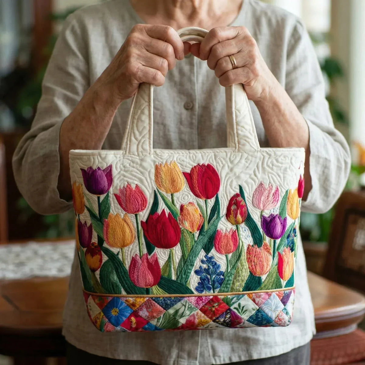 Alice | Sac cabas matelassé Jardin de tulipes