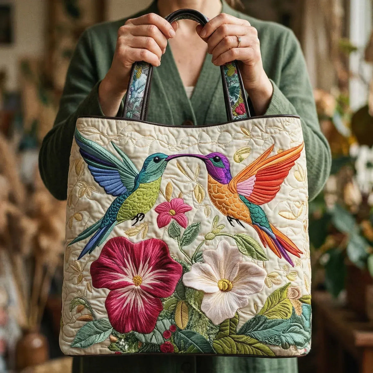 Carla | Sac matelassé Colibri et fleurs blanches