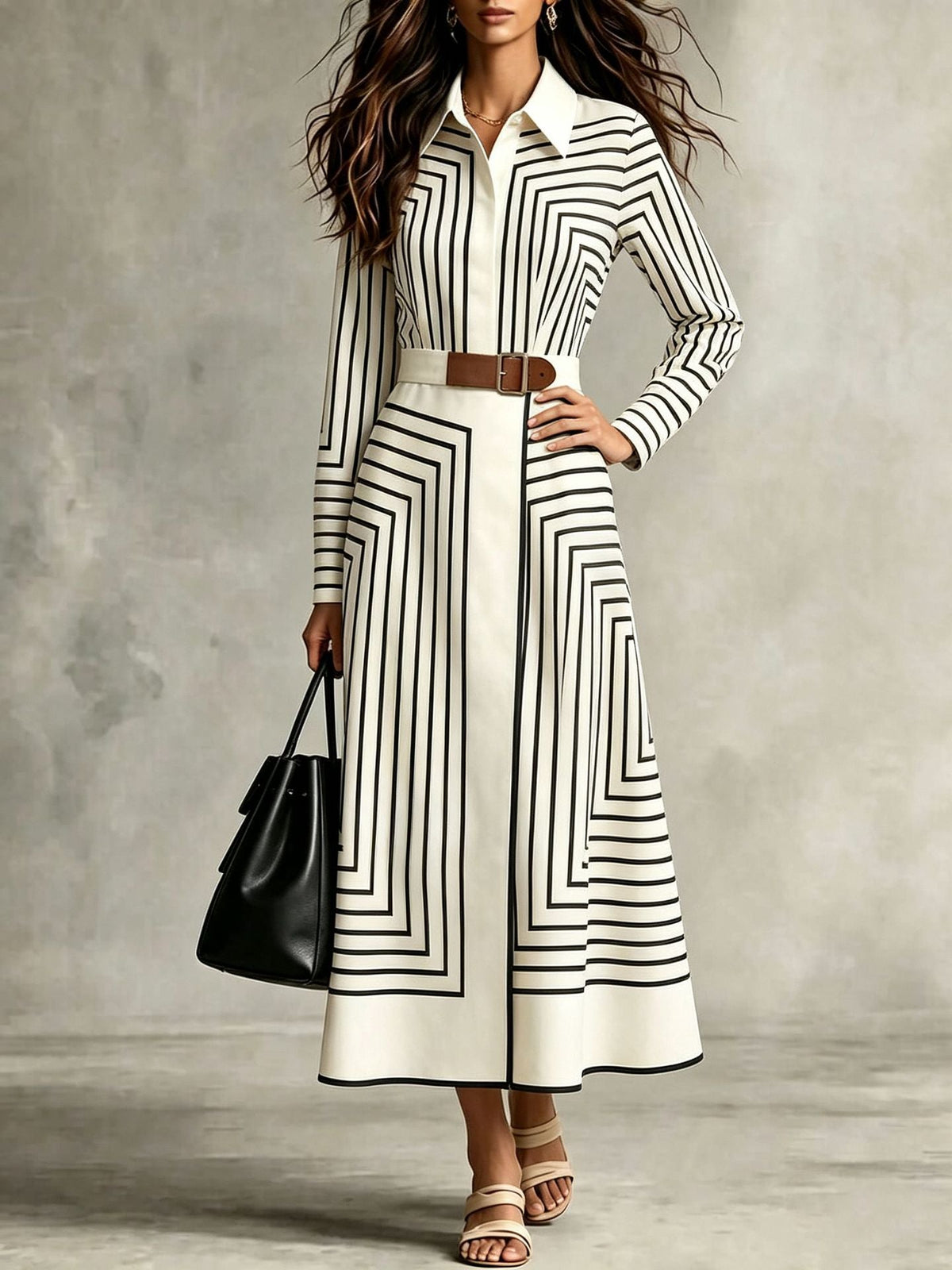 Robe-chemise midi chic à rayures géométriques, boutonnée, avec ceinture à nouer à la taille