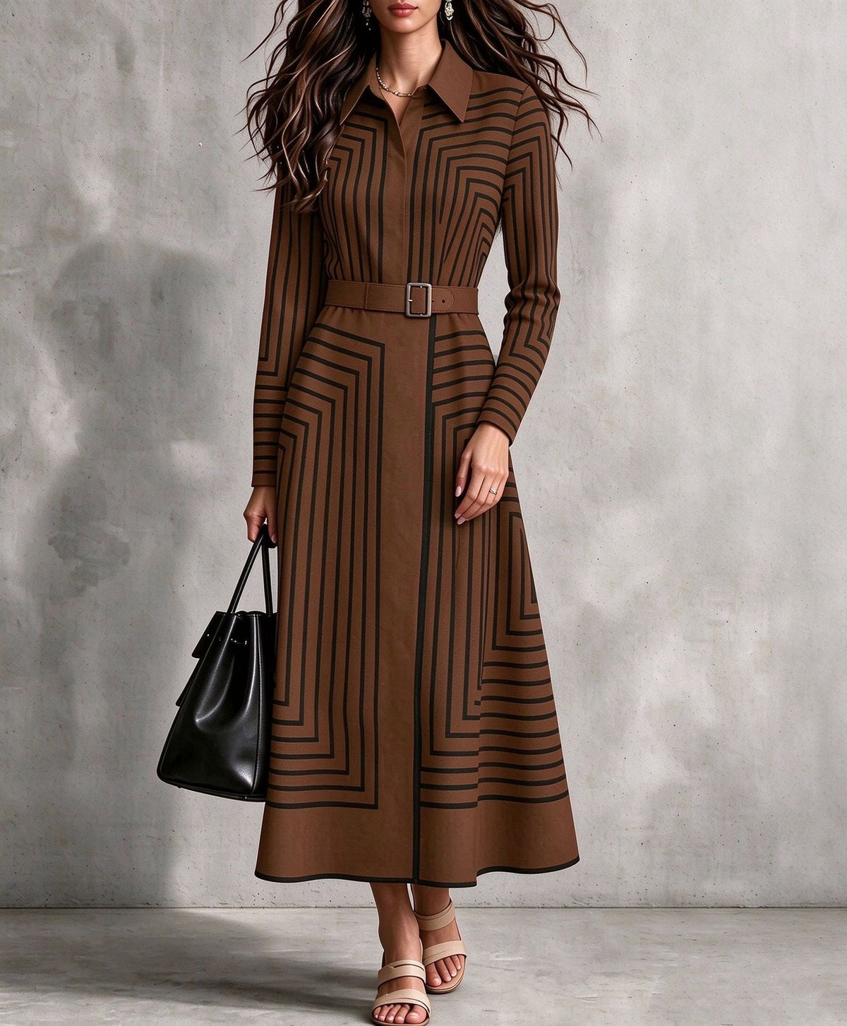 Robe-chemise midi chic à rayures géométriques, boutonnée, avec ceinture à nouer à la taille