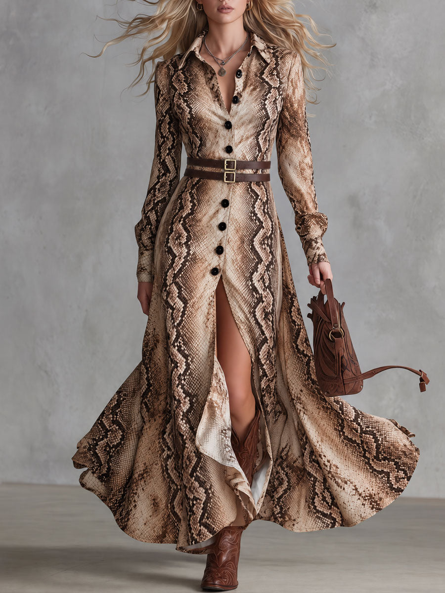 Esther | Robe maxi marron vintage à imprimé reptile, double bretelle et fente