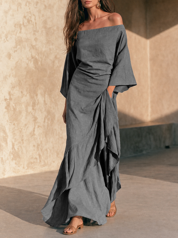 Aure | Robe maxi minimaliste à épaules dénudées, ourlet volanté et manches évasées