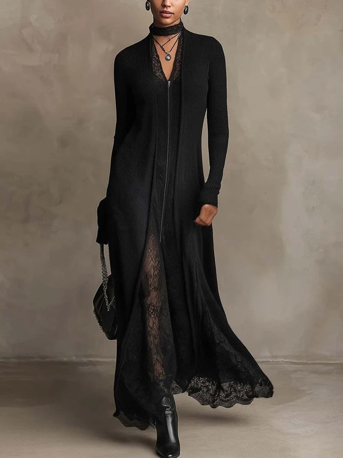 Solenne | Robe longue en maille côtelée avec dentelle, noire