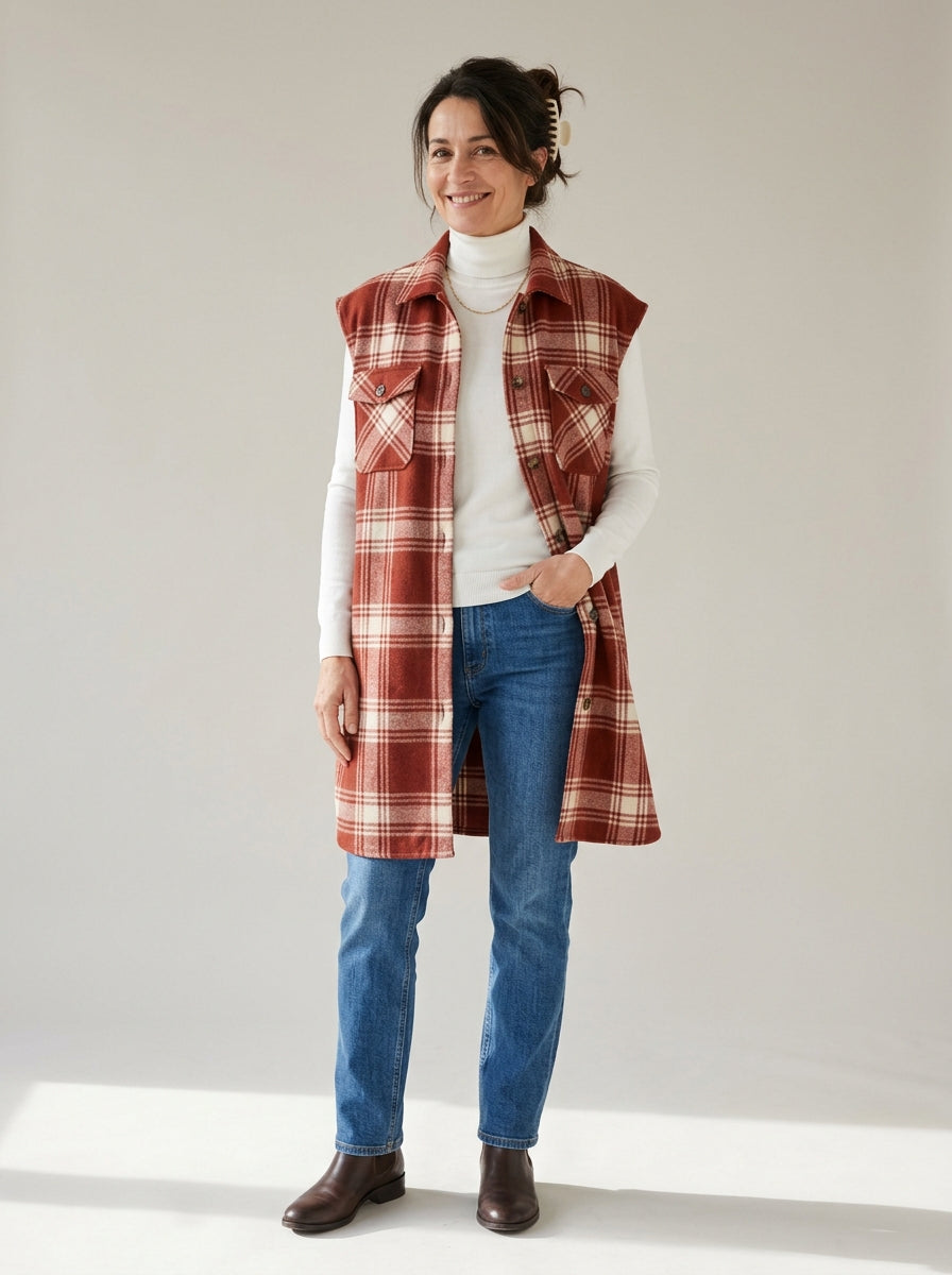 Gilet long à carreaux sans manches – coupe chemise