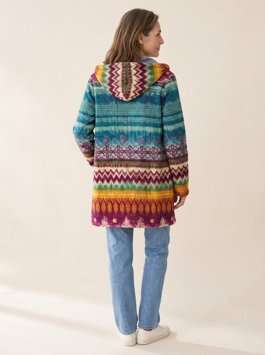 Jeanne | Veste à capuche doublée Jacquard bohème turquoise