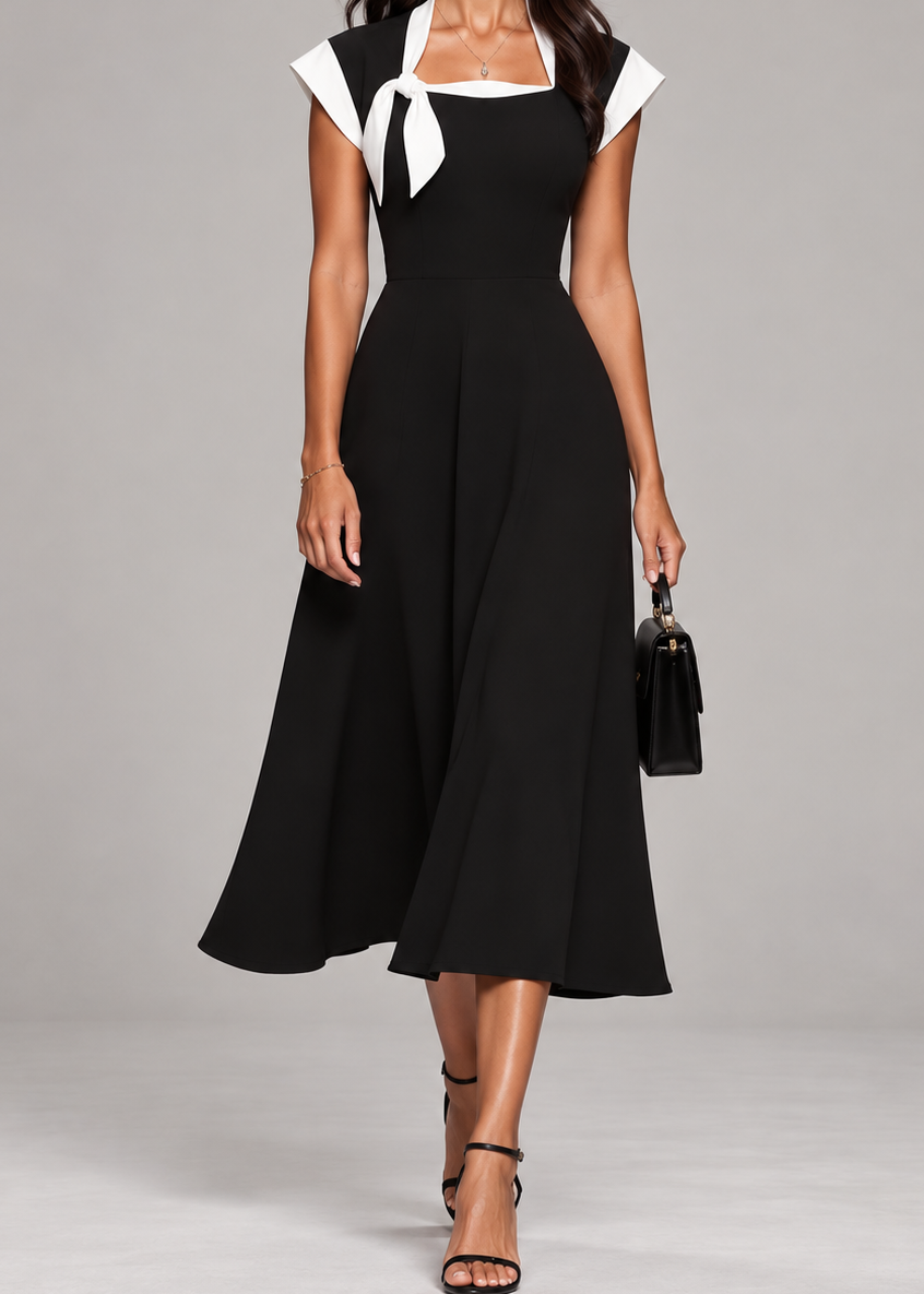 Ariane | Robe midi pour femme à décolleté carré et manches color block