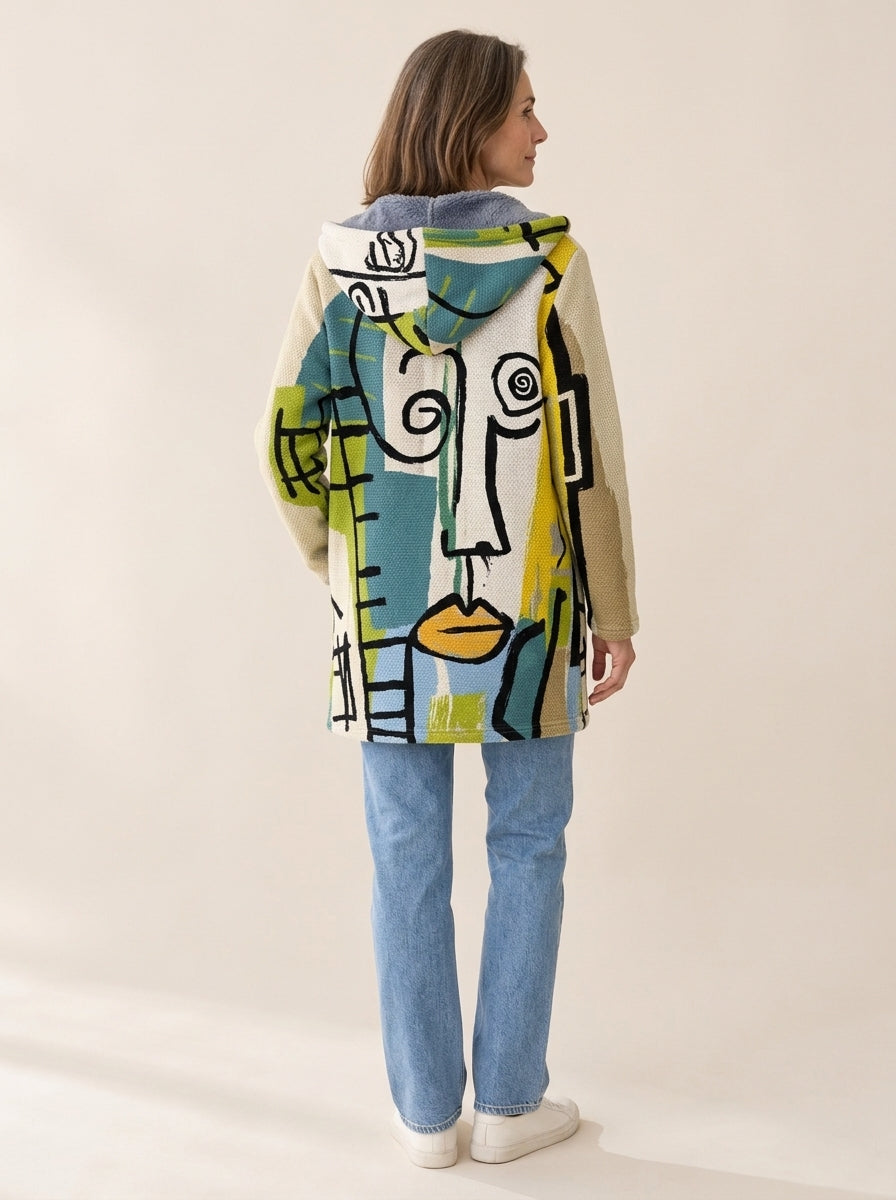 Emma | Veste à capuche doublée Portrait cubiste crème