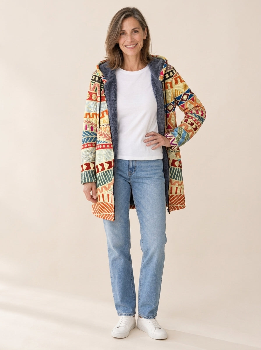 Iris | Veste à capuche doublée Motif tribal crème