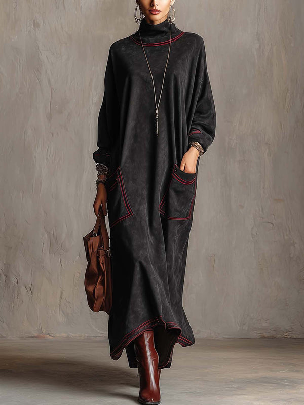 Marielle | Robe maxi en suédine noire à coutures contrastantes rouges et poches plaquées