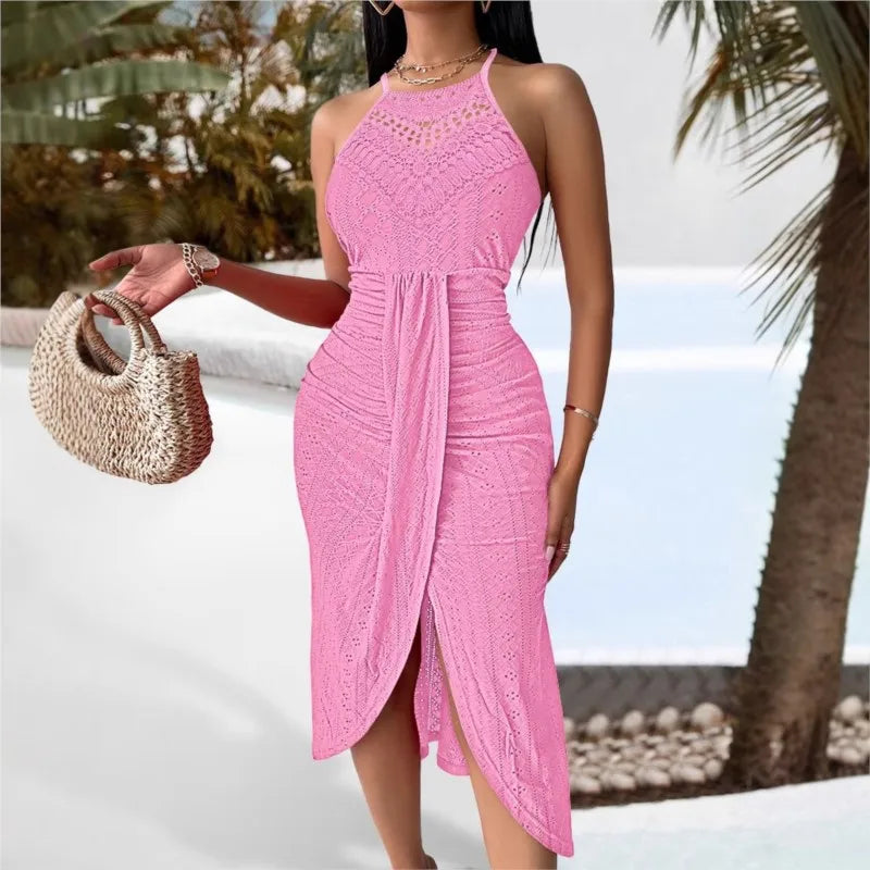 Y2k Women's Fashion Sleeveless Beach Dress Sexy Perspective Hanging Neck Dresses Ladies Solid Irregular Hem Vacation Vestidos