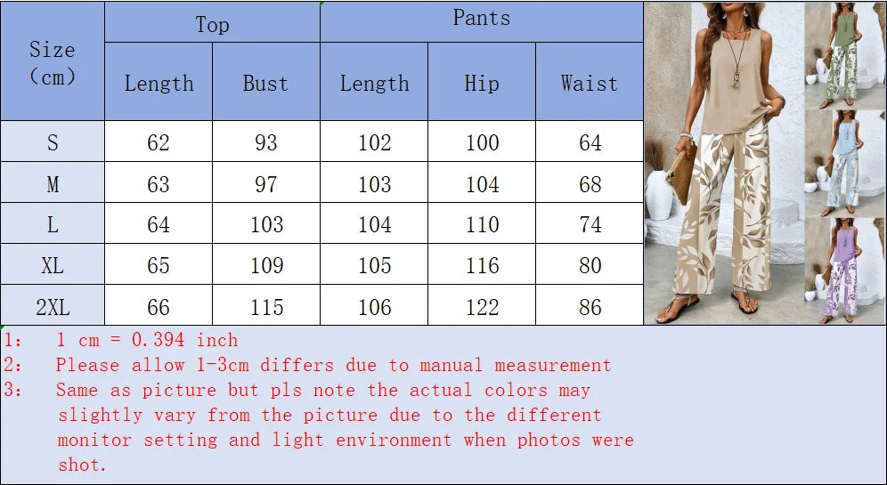 Women Casual 2 Piece Outfit Sleeveless Tank Top + Leaf Print Wide Leg Pants Set Summer Vacation Loungewear