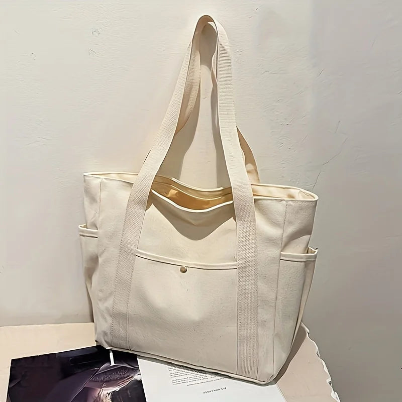 Stylish Large Capacity Canvas Tote Bag, Zipper Closure Durable Shoulder Straps Perfect for Commuting, College and Book Carrying