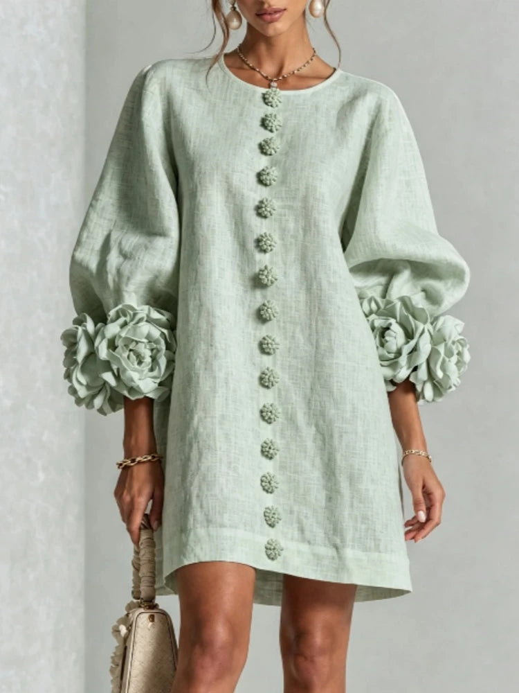 Flavie | Robe Courte à Fleurs 3D Manches Bouffantes