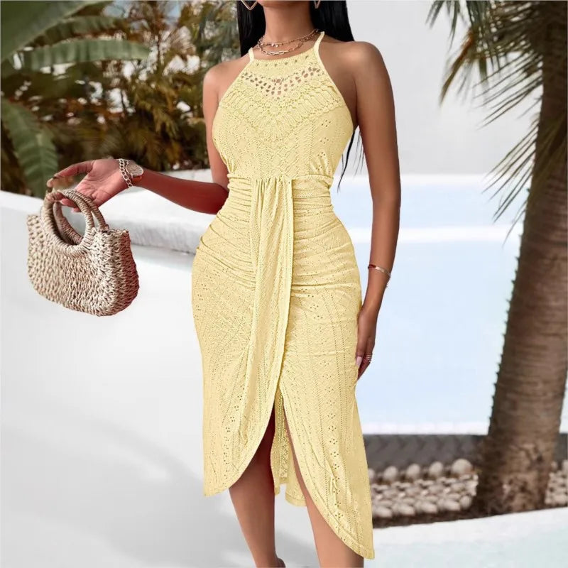 Y2k Women's Fashion Sleeveless Beach Dress Sexy Perspective Hanging Neck Dresses Ladies Solid Irregular Hem Vacation Vestidos